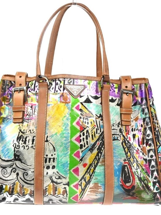 Prada Handbags - PRADA Venetian Print Shoulder Tote Bag Vinyl Leather Brown SHW Italy 37KD059